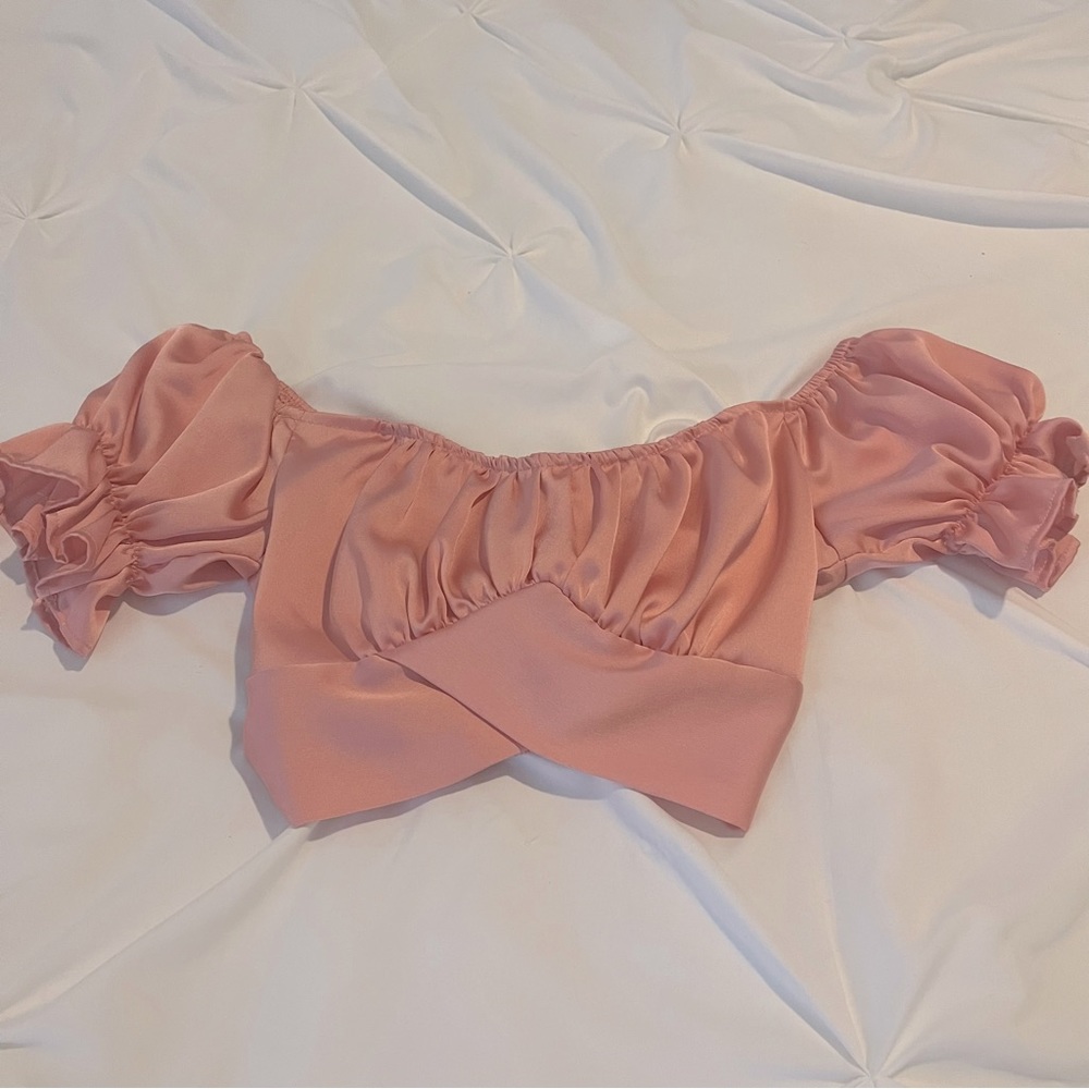 Women Ruffle Off Shoulder Crop Top Satin Strapless Short Sleeve Self Tie Blouse - Picture 3 of 7